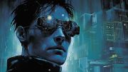 headshot of man wearing mirrored sunglasses reflecting the background of a dark distopian city, at night, in the rain