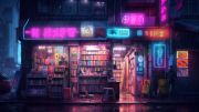 Cyberpunk bookshop in a dark futuristic city