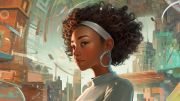 headshot of a young girl with big hair, hairband and silver earingin a futuristic city