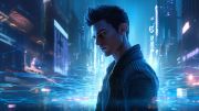 young man looks sideways and down in co ntemplative mood, with a cyberpunk cityscape in the background