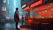 Young man in large raincoat looks away at an open food stand at night in a futuristic city