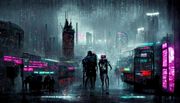 Cyberpunk - it's dark and it's raining - with pink and turquiose neon signage in a dark city street on a hill